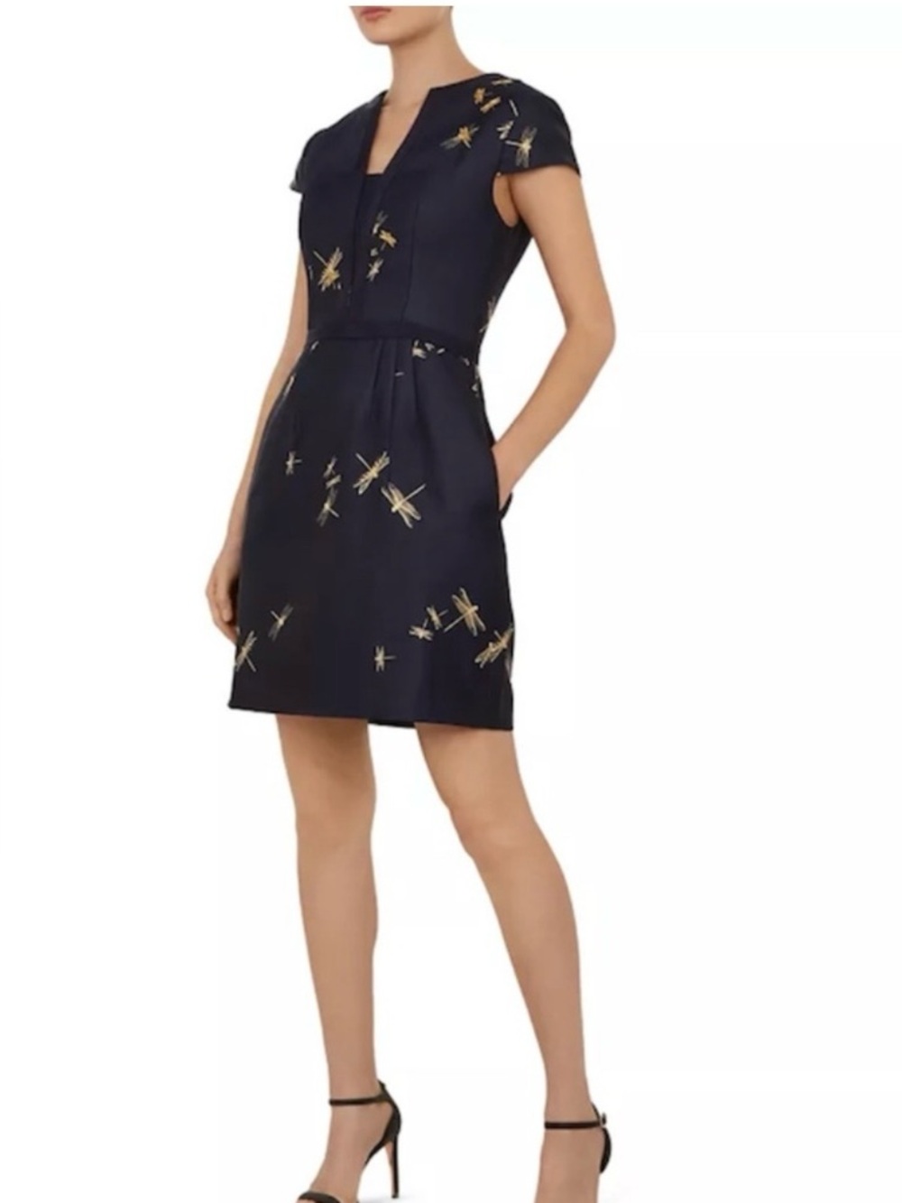 ' Navy Dragonfly Embroidered Party Dress